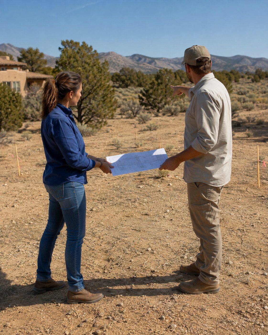 Homeowner and septic site evaluator reviewing a site plan together on a New Mexico property