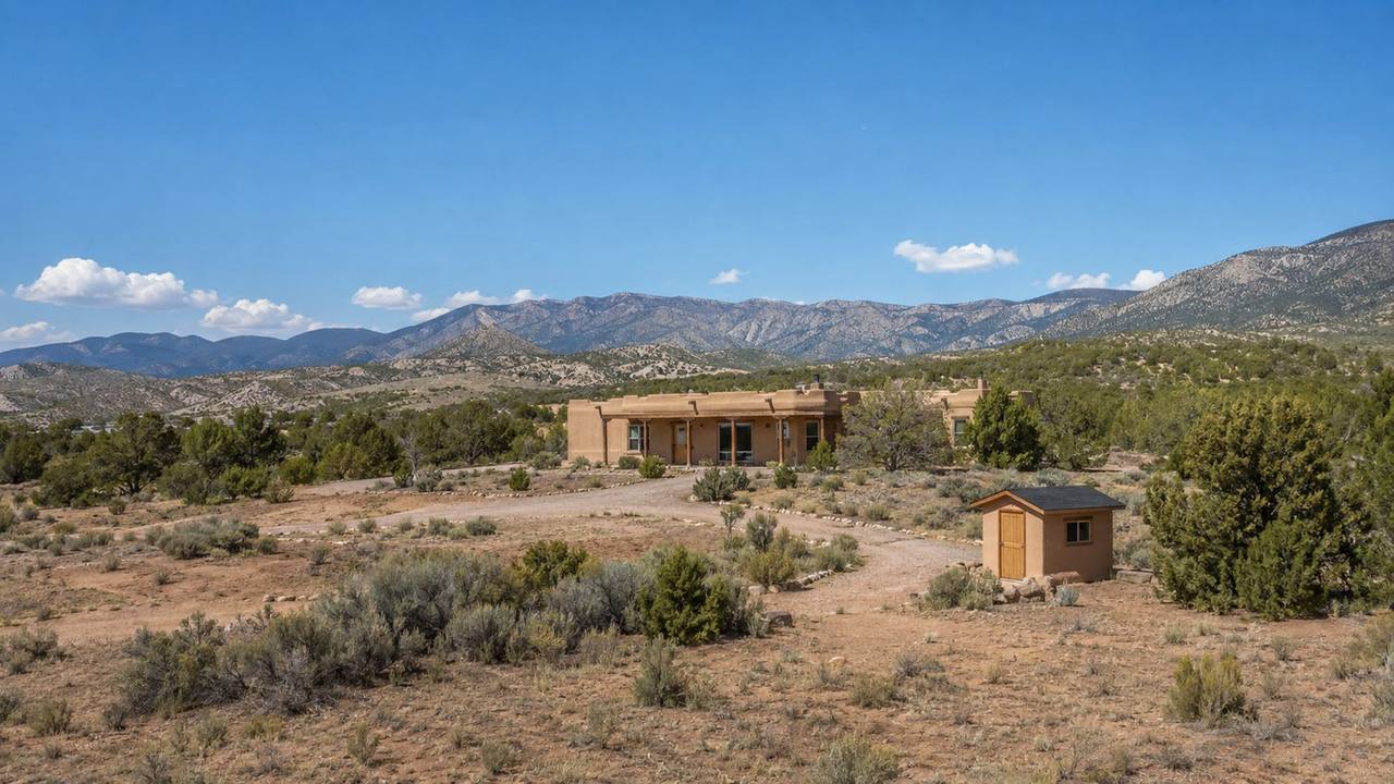 Rural adobe-style home on open high-desert land near Albuquerque, New Mexico, representative of well-and-septic properties