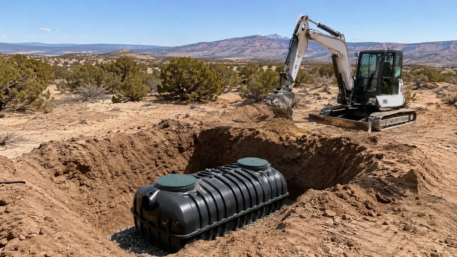 Septic tank being installed in the high desert outside Albuquerque, New Mexico, with the Sandia Mountains in the background