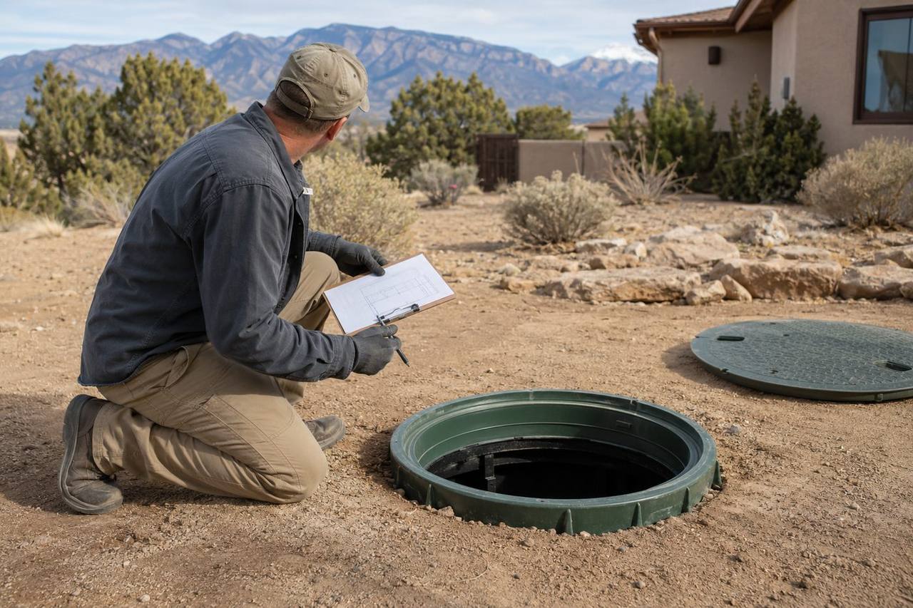 Septic professional reviewing site plan at an open tank riser on a New Mexico property