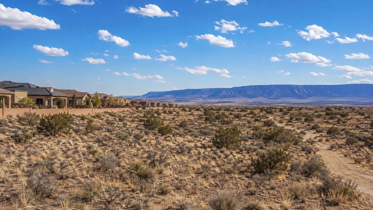 Rio Rancho, New Mexico neighborhood edge where suburban homes meet open high-mesa desert terrain