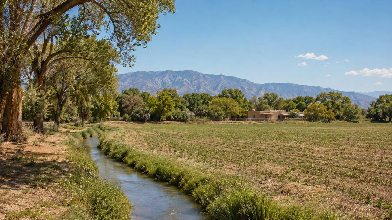 Rural agricultural property in Albuquerque's South Valley with flat irrigated farmland, a small ditch, and mature trees
