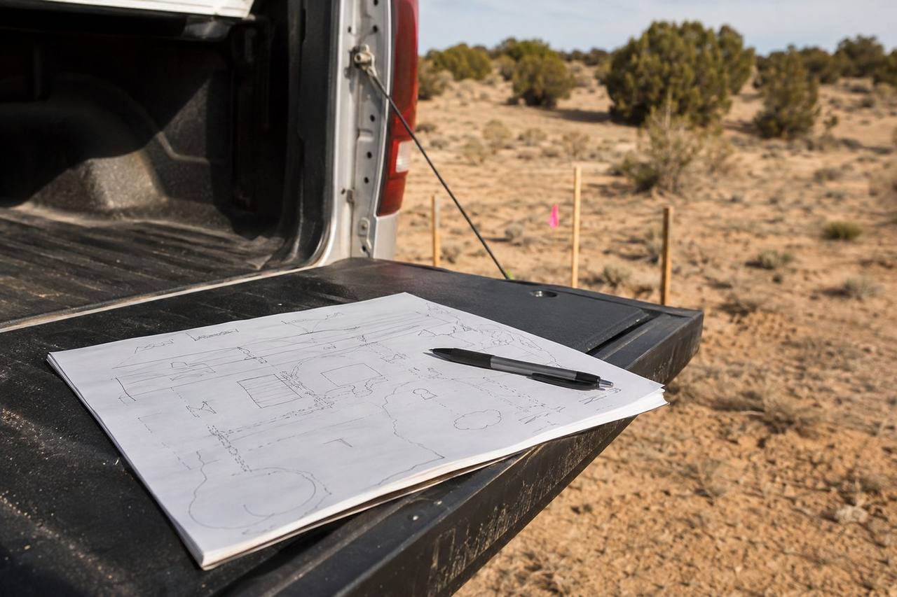 Hand-drawn property site diagram document on a truck tailgate with survey stakes visible in the background