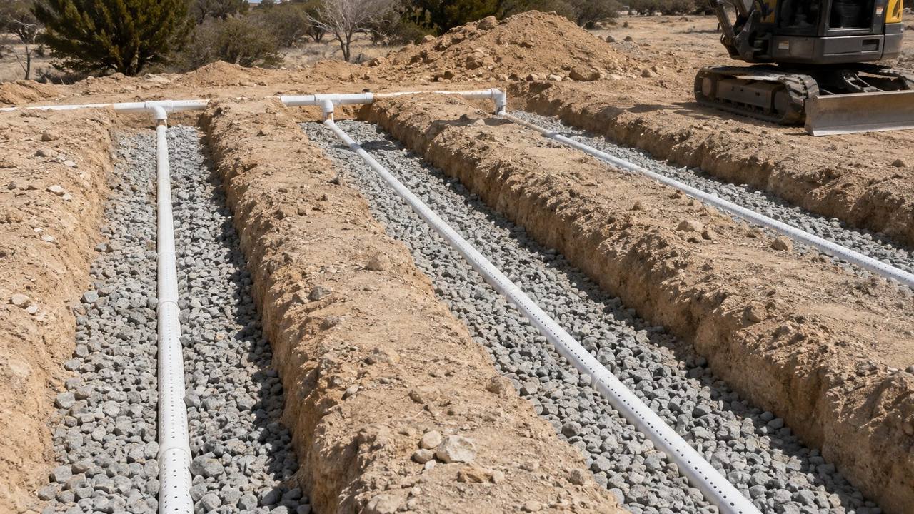 Parallel drainfield trenches lined with gravel and perforated pipe in New Mexico high-desert soil