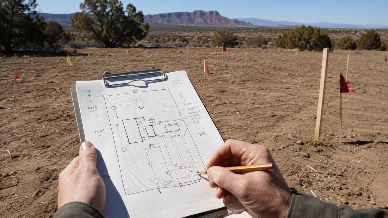 Hand-drawn septic site plan on a clipboard with survey flags marking a proposed drainfield location on an empty high-desert lot