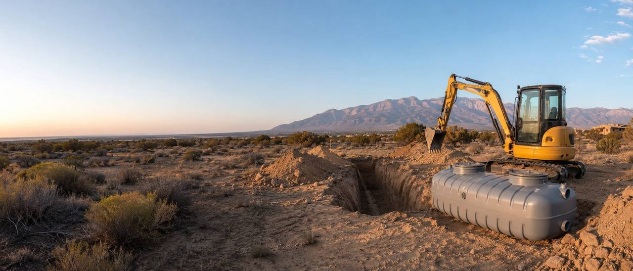 New septic tank being installed into a freshly excavated pit on a raw high-desert lot near Albuquerque at sunset