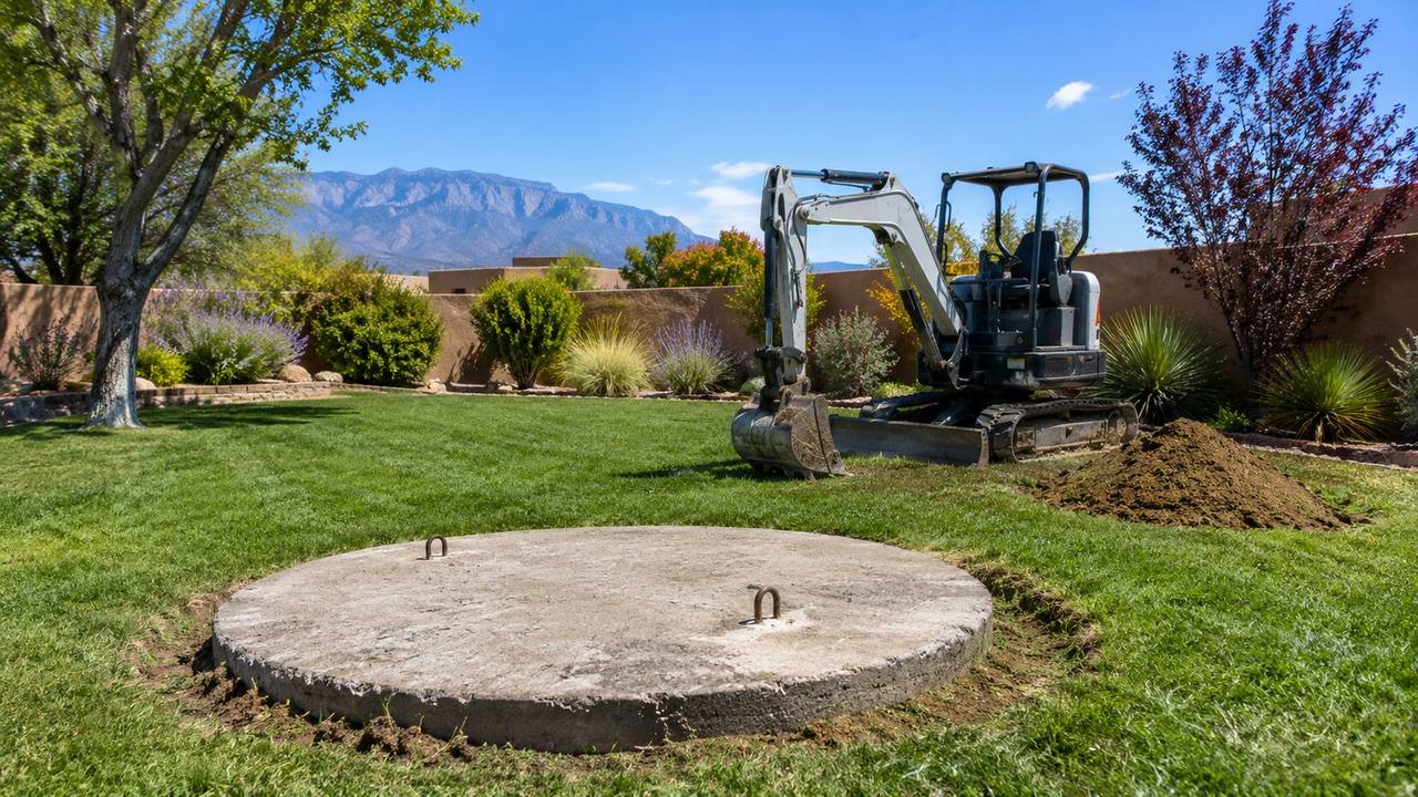 Old concrete septic tank lid exposed in an established backyard, with excavator positioned for replacement work